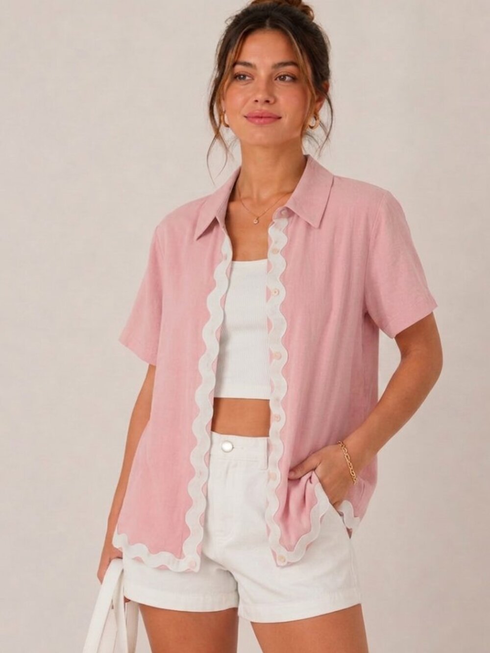 Timing Women’s Pink Ric Rac Trim Button Down Blouse Large Preppy Cottagecore